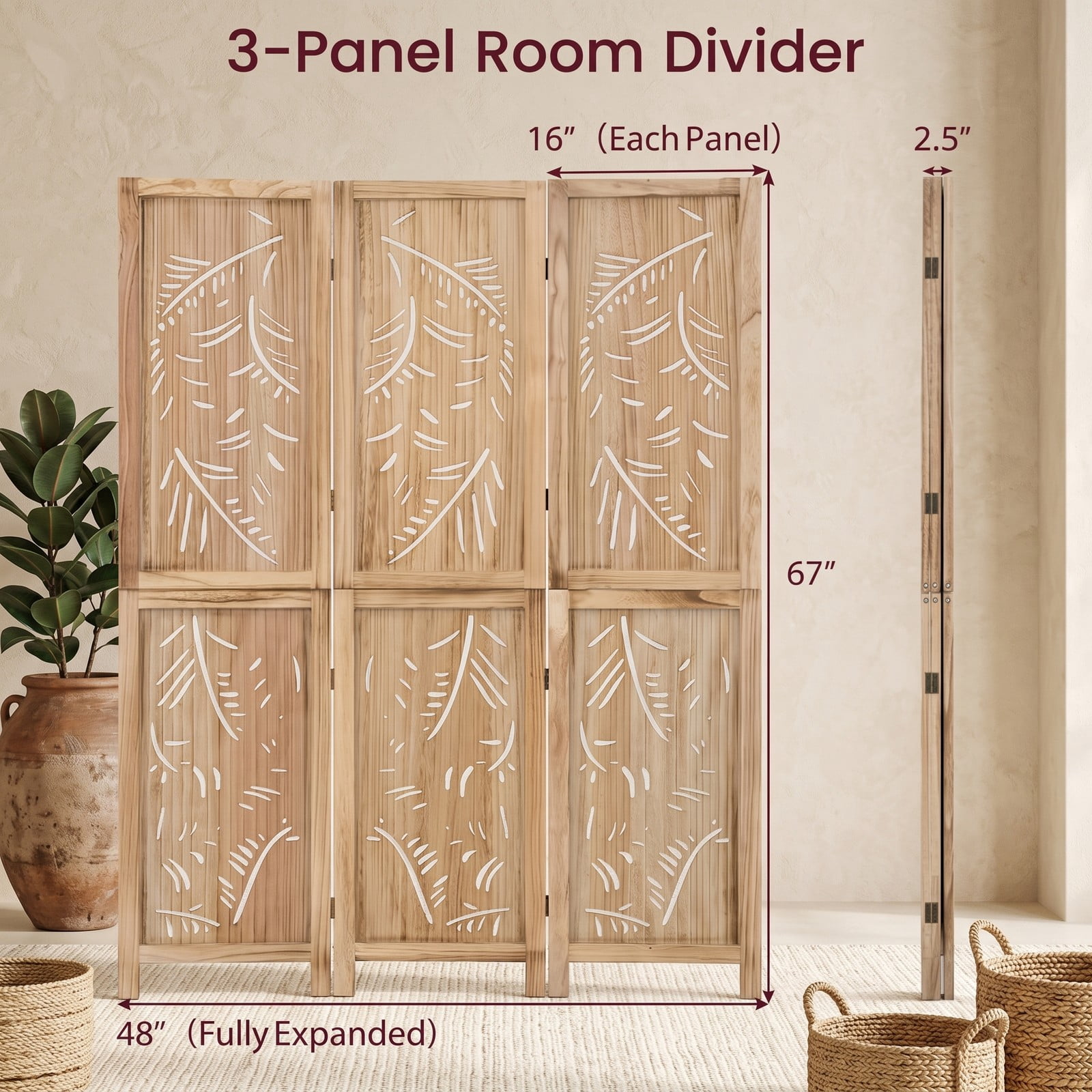 ALPULON 3-Panel Wooden Room Divider Freestanding Folding Privacy Screen with Palm Leaf Design and Paulownia Wood Frame for Living Room Bedroom Office, Natural