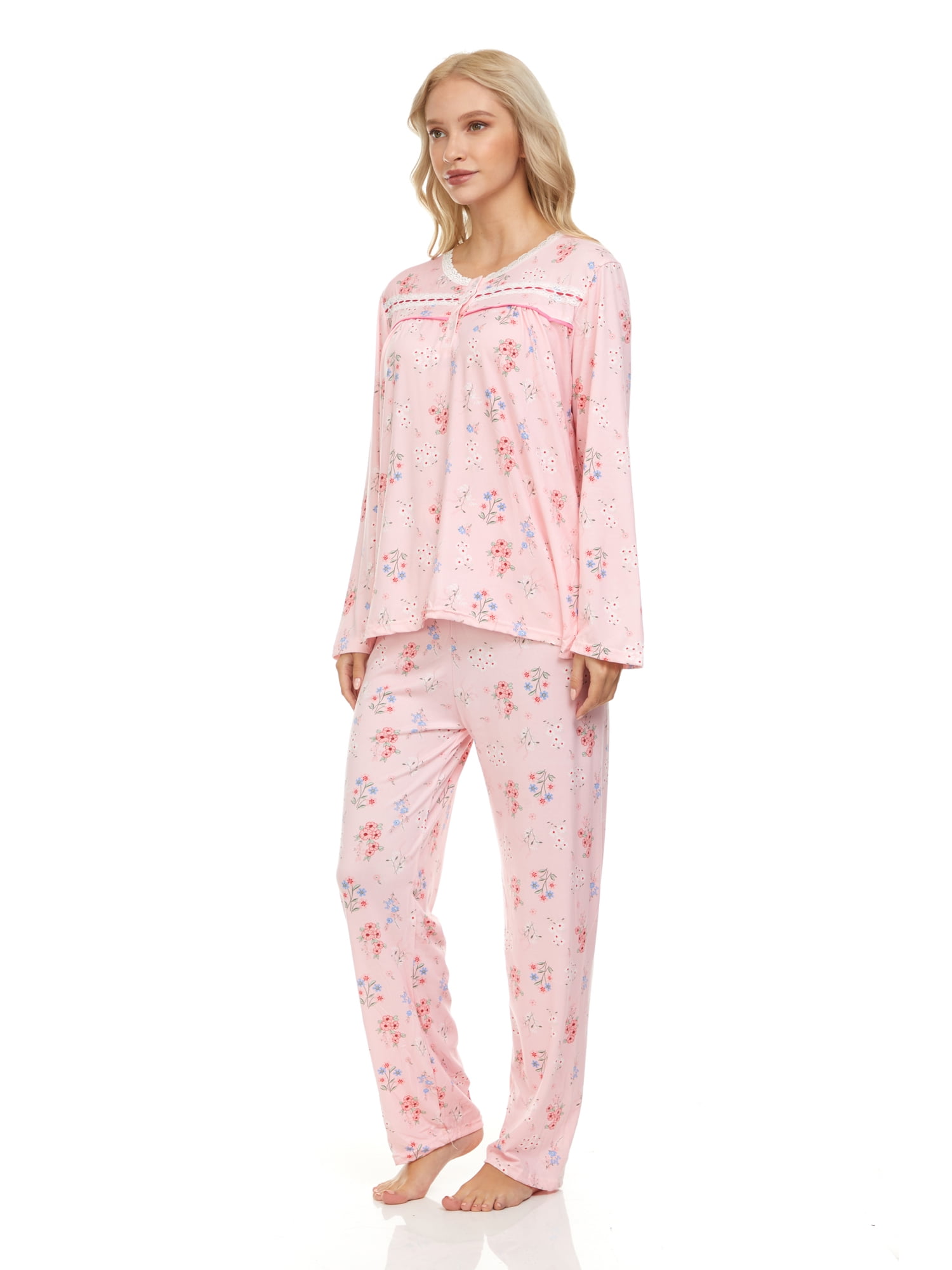 Lati Fashion Women Pajamas Set Pants and Top Long Sleeve, 2Piece Female Pajamas Set Set Pink L