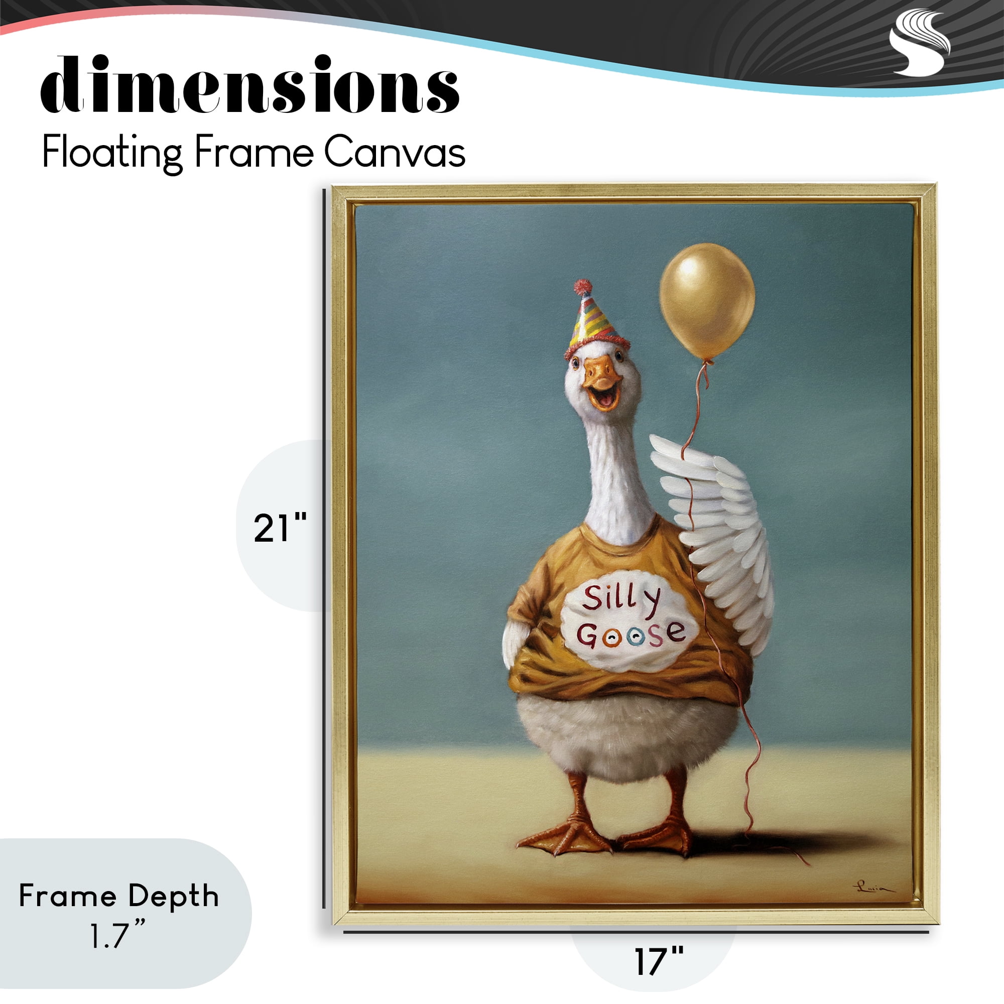 Stupell Industries Silly Goose with Balloon Gold Framed Floater Canvas Wall Art, design by Lucia Heffernan