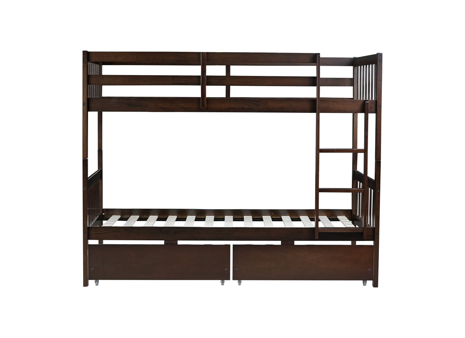 Twin Over Twin Rubber Wood Bunk Bed with Storage Drawers, Convertible Wood Bunk Bed Frame with Safety Guardrails and Ladder, Space Saving Kids Bed for Bedroom, Espresso