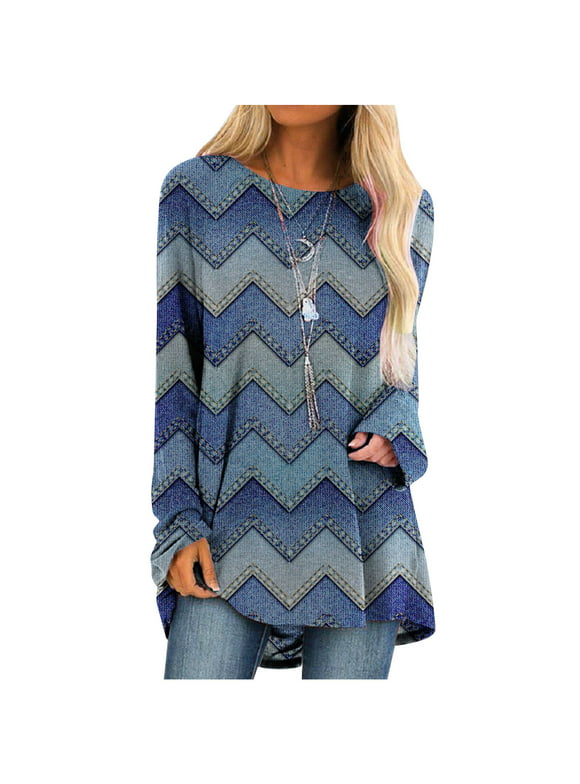 2023 Clearance Womens Tops Fashion Casual Socket Geometry Printed Long Sleeve Round-Neck Tops