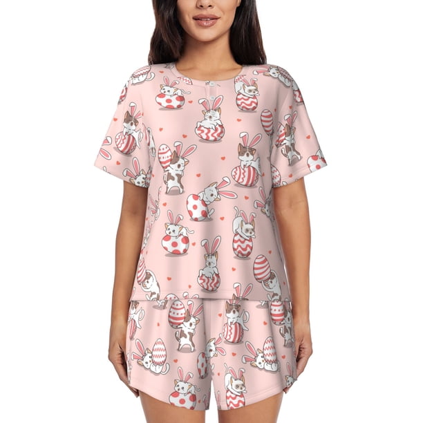 Balery Easter Rabbit Conjunto de Pijama para Mujer con Estampado, Dos Piezas de Manga Corta y Shorts, Ropa de Dormir Suave con Cuello Redondo y Bolsillos-3X-Large