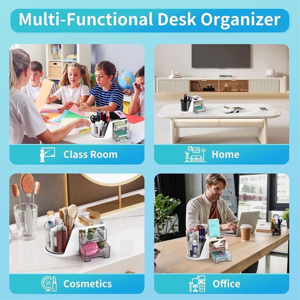 Duslogis Desk Organizer with 2 Drawer, 360°Rotating Pen Holder for Desk, Desk Organizers and Accessories with 6 Slots Pencil Organizer, Art Supply Storage Box Caddy for Office (White)