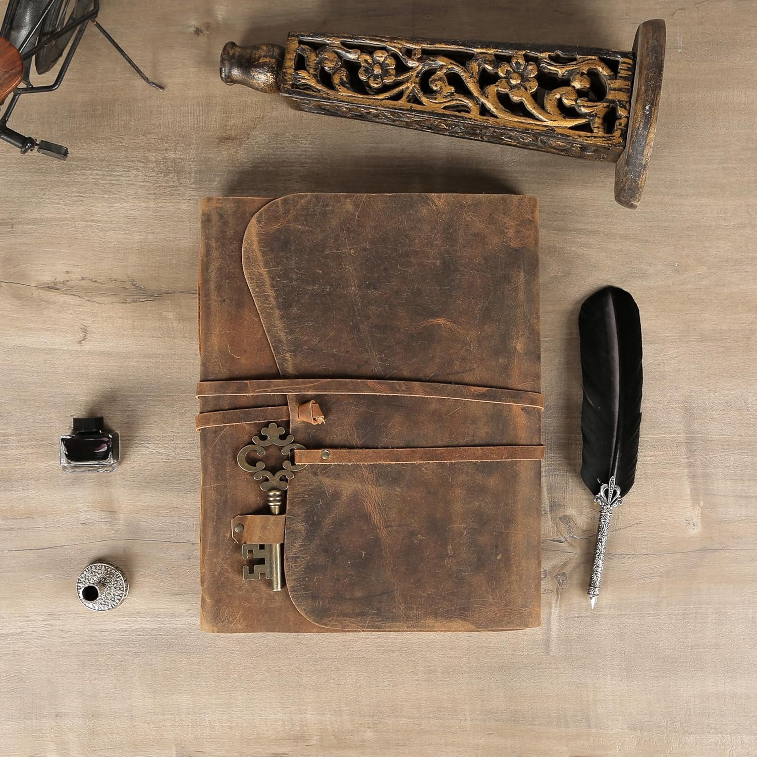 10x7 Inch Leather Journal with Key Lock – Handmade Buffalo Leather Cover & Deckle Edge Paper – Vintage Travel Notebook for Writing, Sketching, Gift for Men & Women (Brown)
