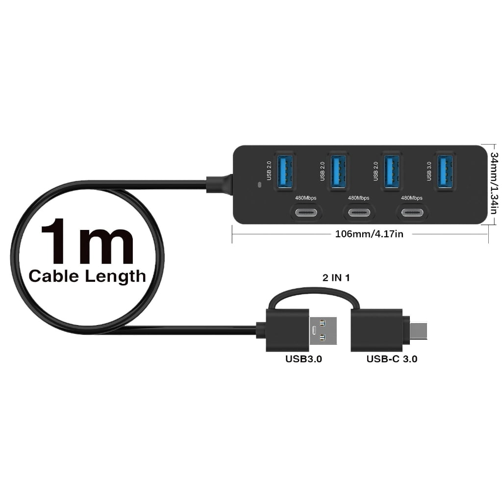 Double Input USB A USB C 7 Port Expansion Hubs Supporting Fast 5Gbps Data Transfer Plugs and Play for Various Devices