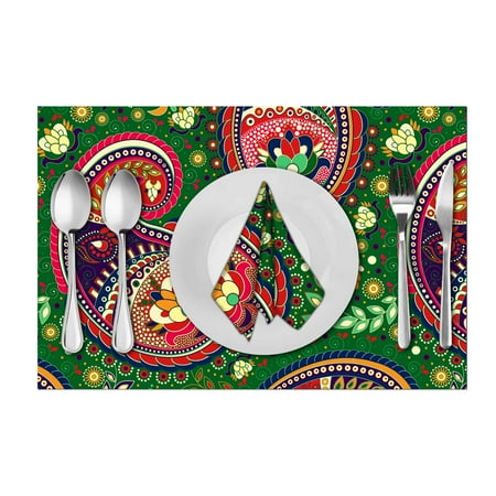 

eloria Paisley Printed Table Heat Resistant Placemats Dining Table Mats With Napkins Cotton Canvas Size : 12x18 Inches | Pack of 6