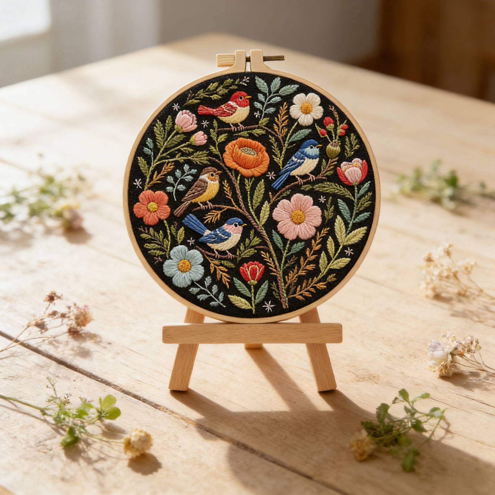 1PC Embroidery Kit for Beginners, Birds with Flowers Cross Stitch Set for Include Embroidery Cloth Hoops Threads for Craft Lover Hand Stitch