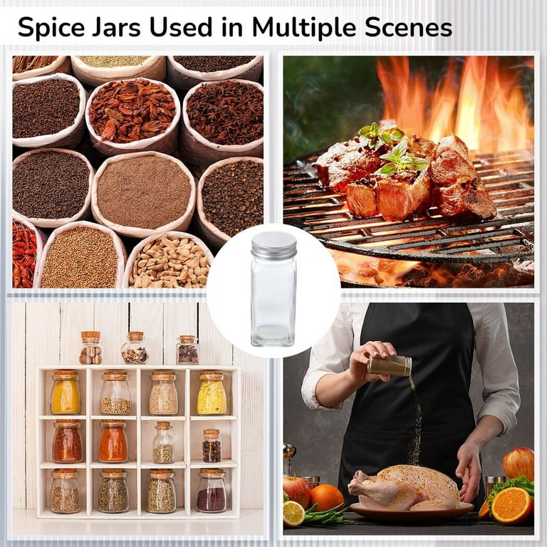 Skiileor 36 Pcs Spice Jars with Label- Glass Spice Jars with Black Metal  Caps,Shaker Lids, Funnel, Chalk Pen, Brush,Cleaning Cloth 4oz Seasoning