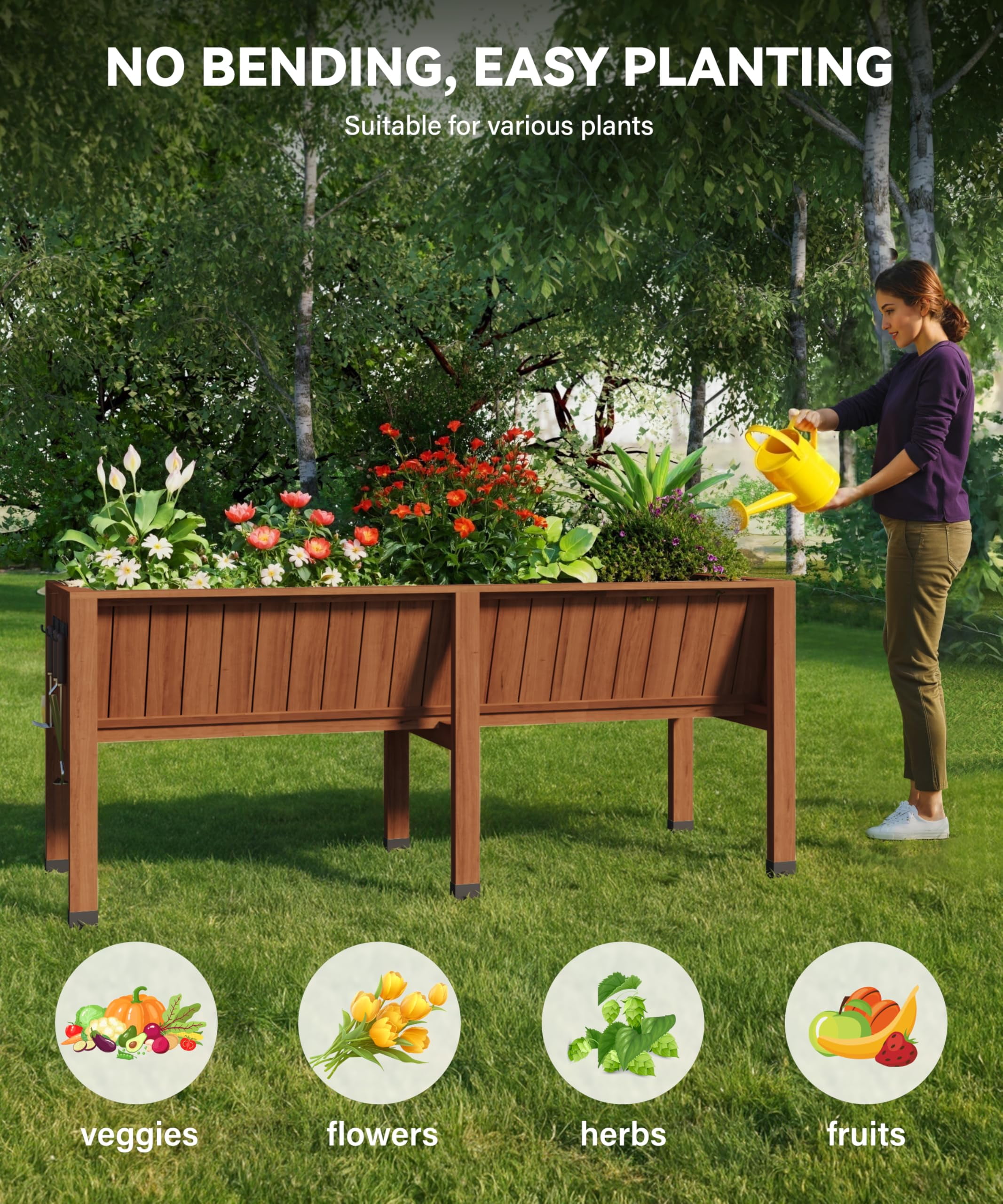 Garvee 72"x26"x31" Elevated Wooden Raised Garden Bed with Storage Hooks for Vegetables,Flowers,Brown