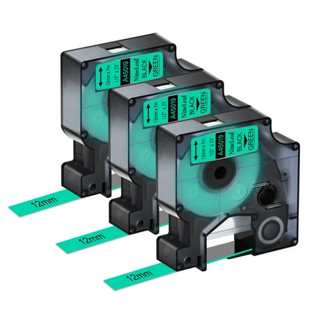 NineLeaf 3PK Compatible for DYMO D1 45019 1/2" x 23' (12mm x 7m) Black on Green Label Maker Tape for Label Manager 100 120P 160 210D