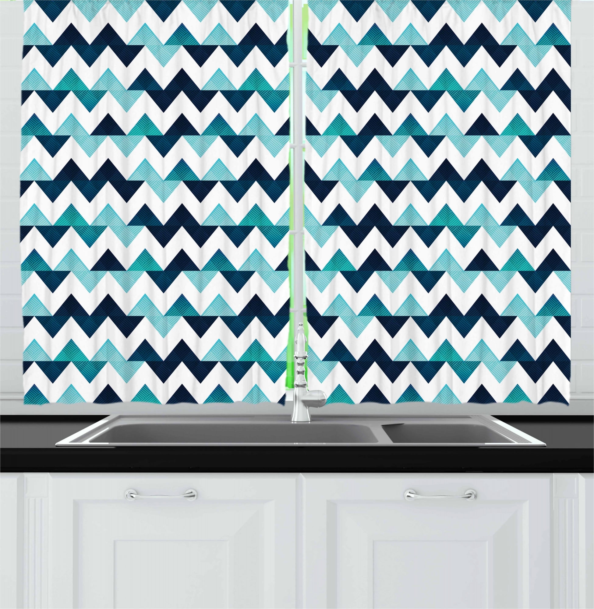 Blue and White Kitchen Curtains, Horizontal Zigzag Borders with Striped
