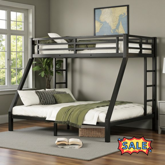 Tcbosik Twin XL Over Queen Size Bunk Bed, Heavy Duty Metal Bed Frame with Side Ladder and Full Length Guardrail, Space Saving, No Box Spring Needed, Black