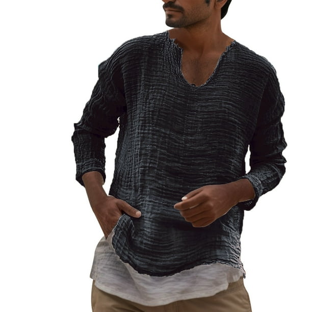 Camisas Y Playeras Camiseta de manga larga sólida para hombre, camiseta informal de moda de verano, blusa informal holgada (Black, 3XL)