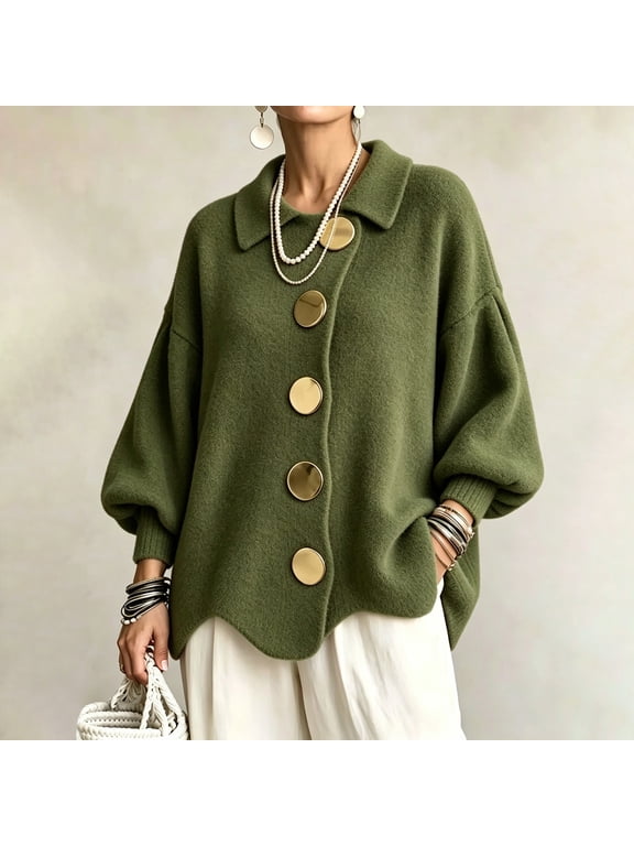 Women's Oversized Collared Knit Sweater with Large Metal Buttons,Lantern Long Sleeve Wavy Hem Loose Fall Knit Sweater Coat,Comfortable & Warm,Loose-Fitting Fall Winter Knitted Cardigan Green