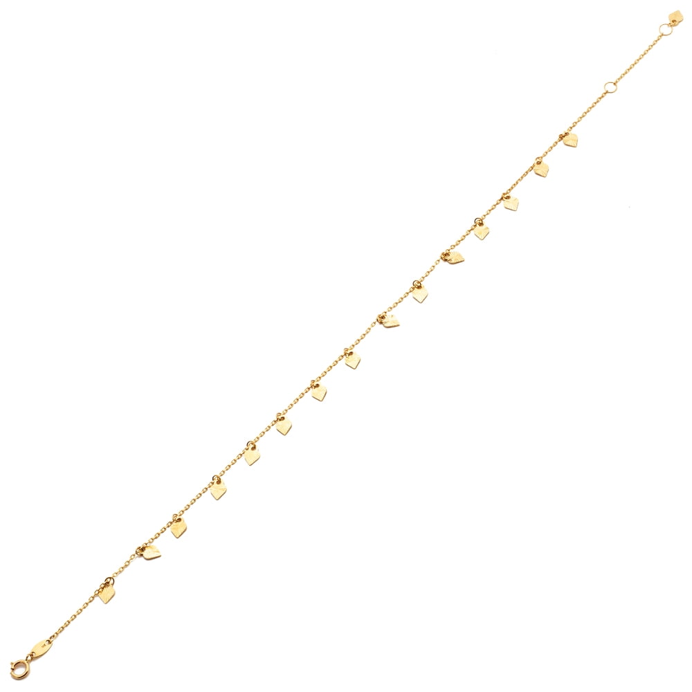 LOVEBLING 10K Yellow Gold .50mm Diamond Cut Rolo Chain with 15 Diamond Cut Heart pendants Anklet Adjustable 9" to 10" (#20)