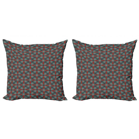 Geometric Throw Pillow Cushion Cover Pack of 2, Repeated Squares Ornamental Abstract Pattern in Style Retro Mosaic, Zippered Double-Side Digital Print, 4 Sizes, Vermilion Teal, by Ambesonne