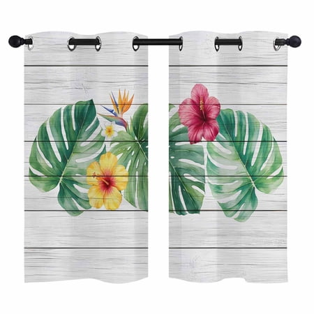 Green Monstera Leaf Blackout Curtains 39 Inches Long Yellow Flower Summer Tropical Plant Wood Striped Thermal Insulated Room Darkening Drapes with Grommets for Living Room 27.5 W x 39 L 2 Panels