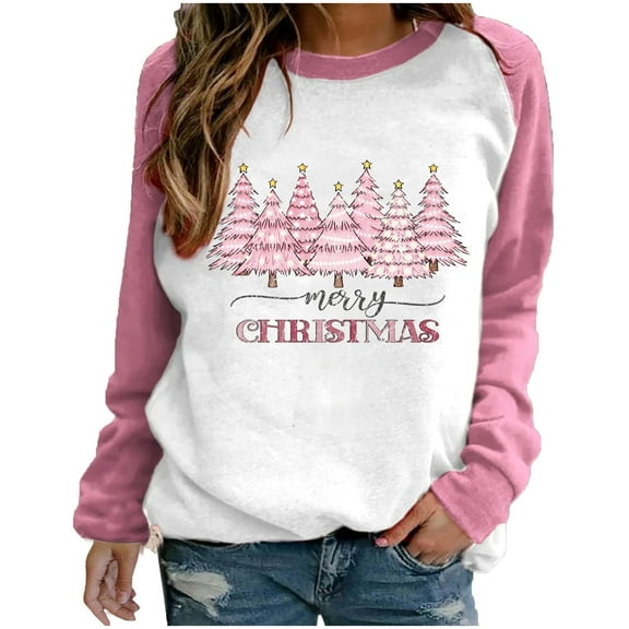 WREESH Womens Fashion T-Shirts Christmas Shirts Crewneck Print Pullover Regular Fit Raglan Long Sleeve Tops Christmas Blouse Casual Tunic Tops Pink