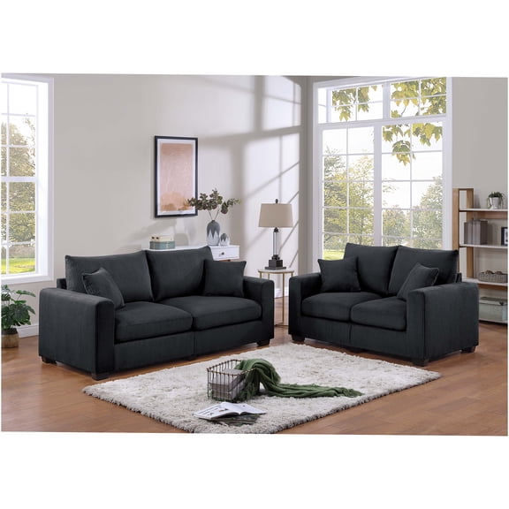 JERFIT Modern 2-Piece Sofa and Loveseat Set with Square Arms, Black Corduroy Upholstery for Living Room