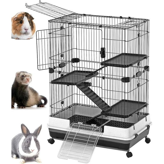 Deluxe 2-Level in/Outdoor Rabbit Hutch Cage for Ferret Squirrel Chinchilla Paw Safe Solid Platform Ramp Mesh Floor Pull Out Leakproof Easy Clean 2-Inch Deep Tray Large Access Doors Lockable Casters