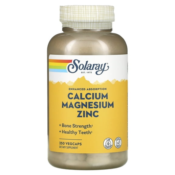Solaray Calcium Magnesium Zinc Supplement, with Cal & Mag Citrate, Strong Bones & Teeth Support, Easy to Swallow Capsules, 60 Day Money Back Guarantee (250 CT)
