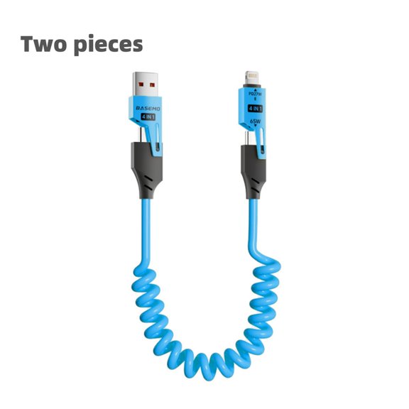 65W 4-in-1 Spring Fast Charge Cable, 4.92FT(Two pieces), Compatible with iPhone,Sumsung,Ipad, Laptop,Blue