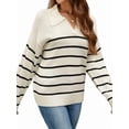 thumbnail image 3 of Women Striped Sweater V Neck Long Sleeve Loose Sweater Knit Pullover Jumper Tops White S, 3 of 9