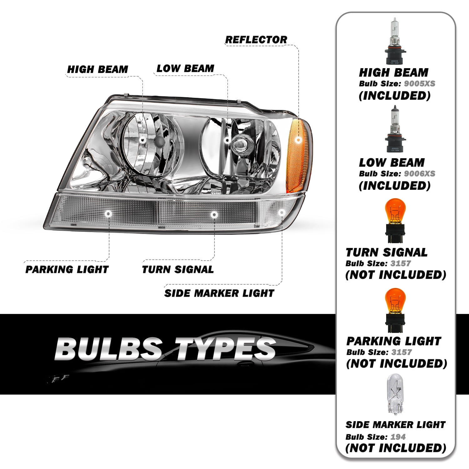 Chrome Housing Amber Headlights Assembly For 1999-2004 Jeep Grand Cherokee LH+RH