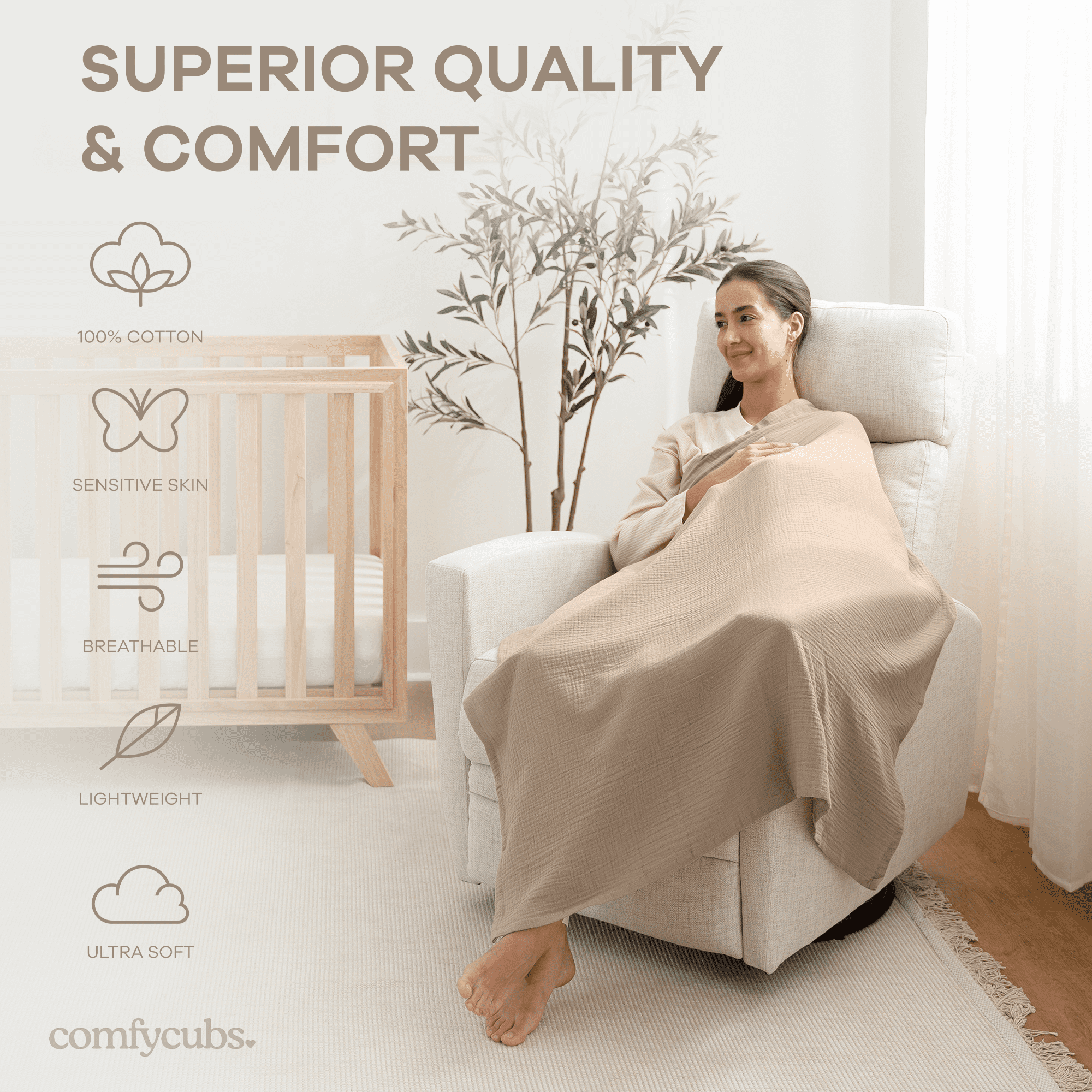 Comfy Cubs Muslin Swaddle Blankets Pack of 3 - 42 x 42 Inch Large Wraps for Newborns - Neutral Set