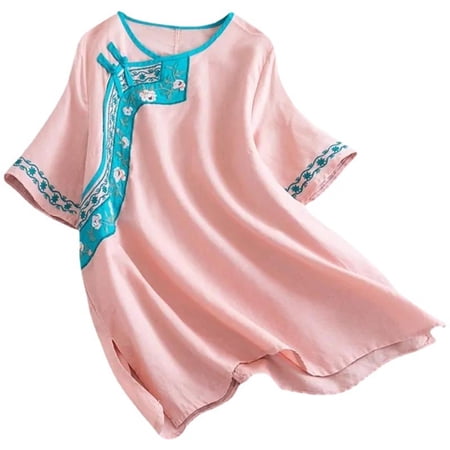 Women s Cotton Linen Embroidery Blouse Retro Chinese Frog Button Tops Loose Fit Short Sleeve Tunic Shirts