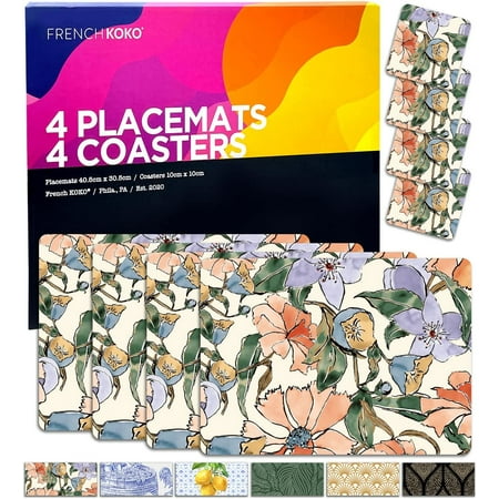 

French KOKO 8 pc Heat Resistant Cork Placemats and Coasters Dining Table Setting of 4 Hard Place Mats Cork Backed Placemat Cute Pretty Elegant Decor Kitchen Flower Floral Neutral Color - Wipe Clean