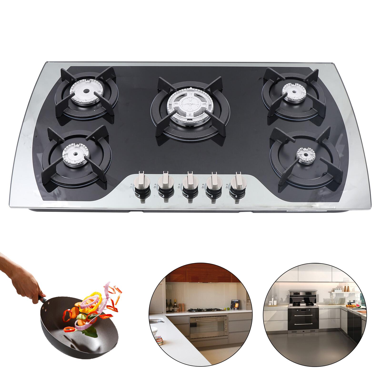 Black&Silver 2000Pa 90*51*6cm Burners Gas Stove Built-In Gas Cooktop Stainless Steel Natural Gas Propane