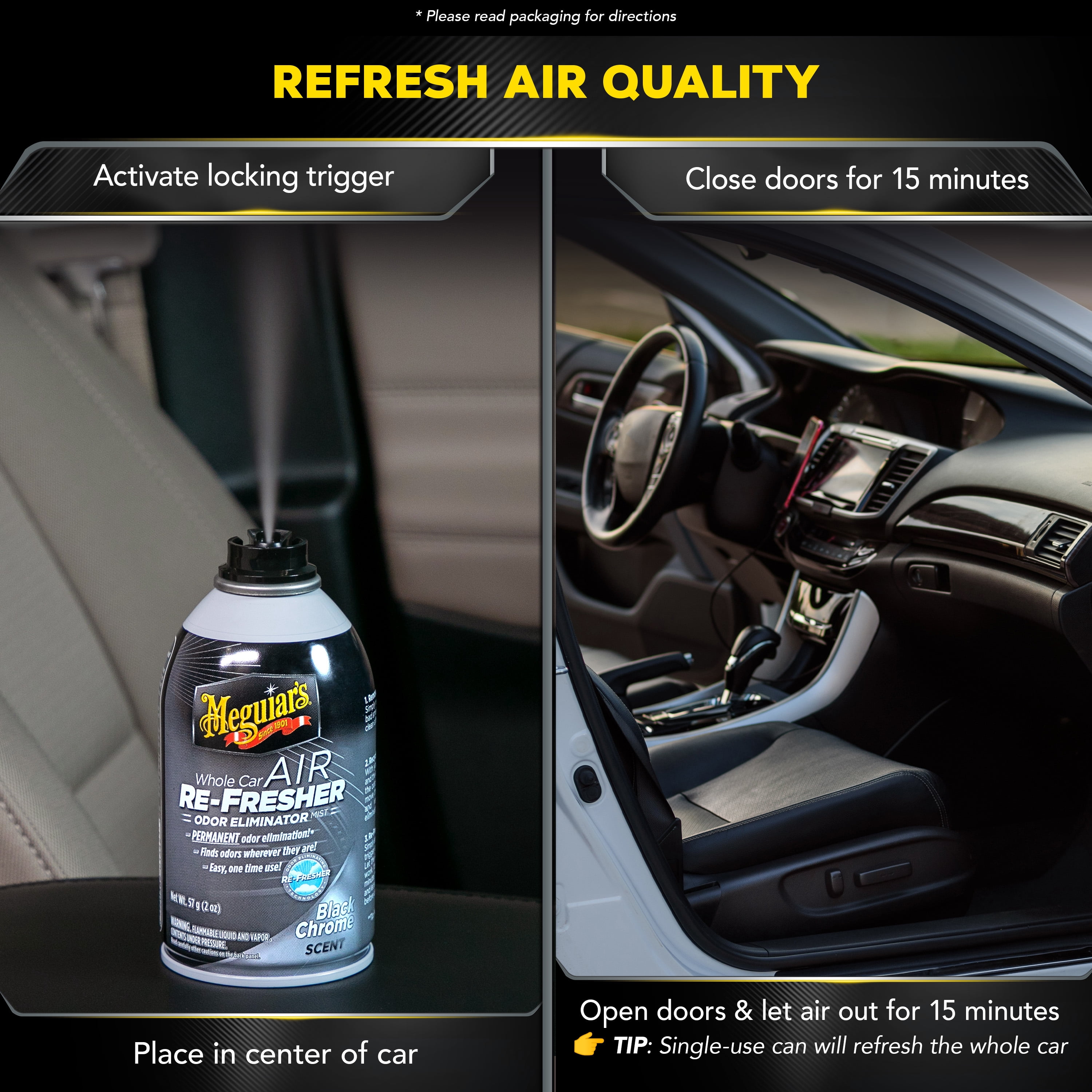 Meguiar's G181302 Whole Car Air Re-Fresher Odor Eliminator Mist, Black Chrome Scent, 2 oz