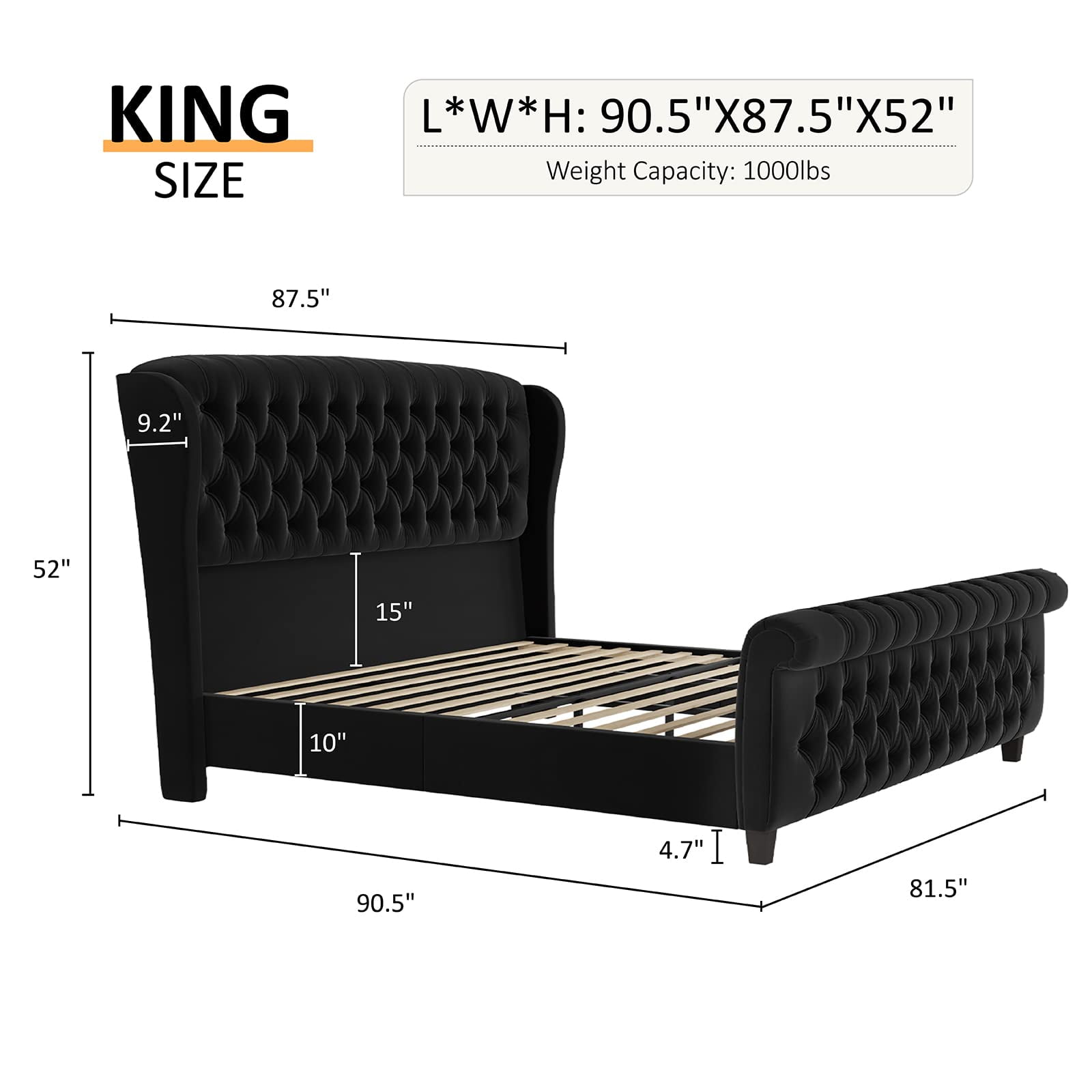 VanAcc King Size Platform Bed Frame, Chenille Upholstered Sleigh Bed Frame, Black