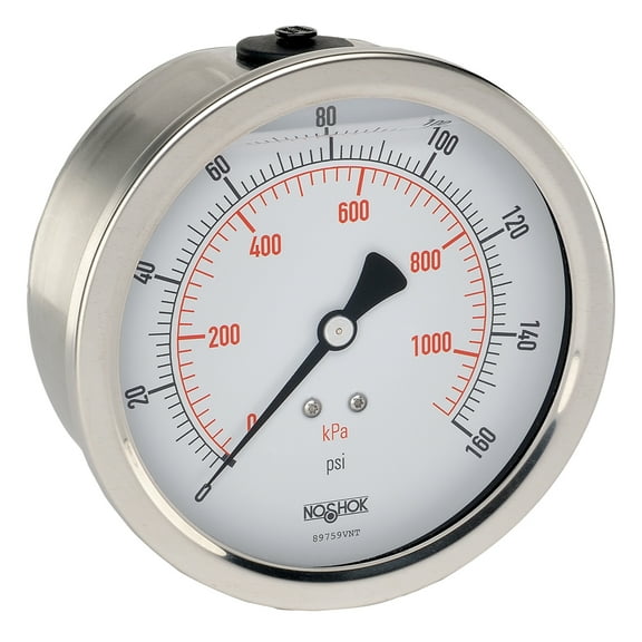 NOSHOK Vacuum Gauge, 4" 304SS Case, Copper Alloy Internals, 30 vac/kPa, 1/4 NPT Male Back Conn, Glycerin Filled