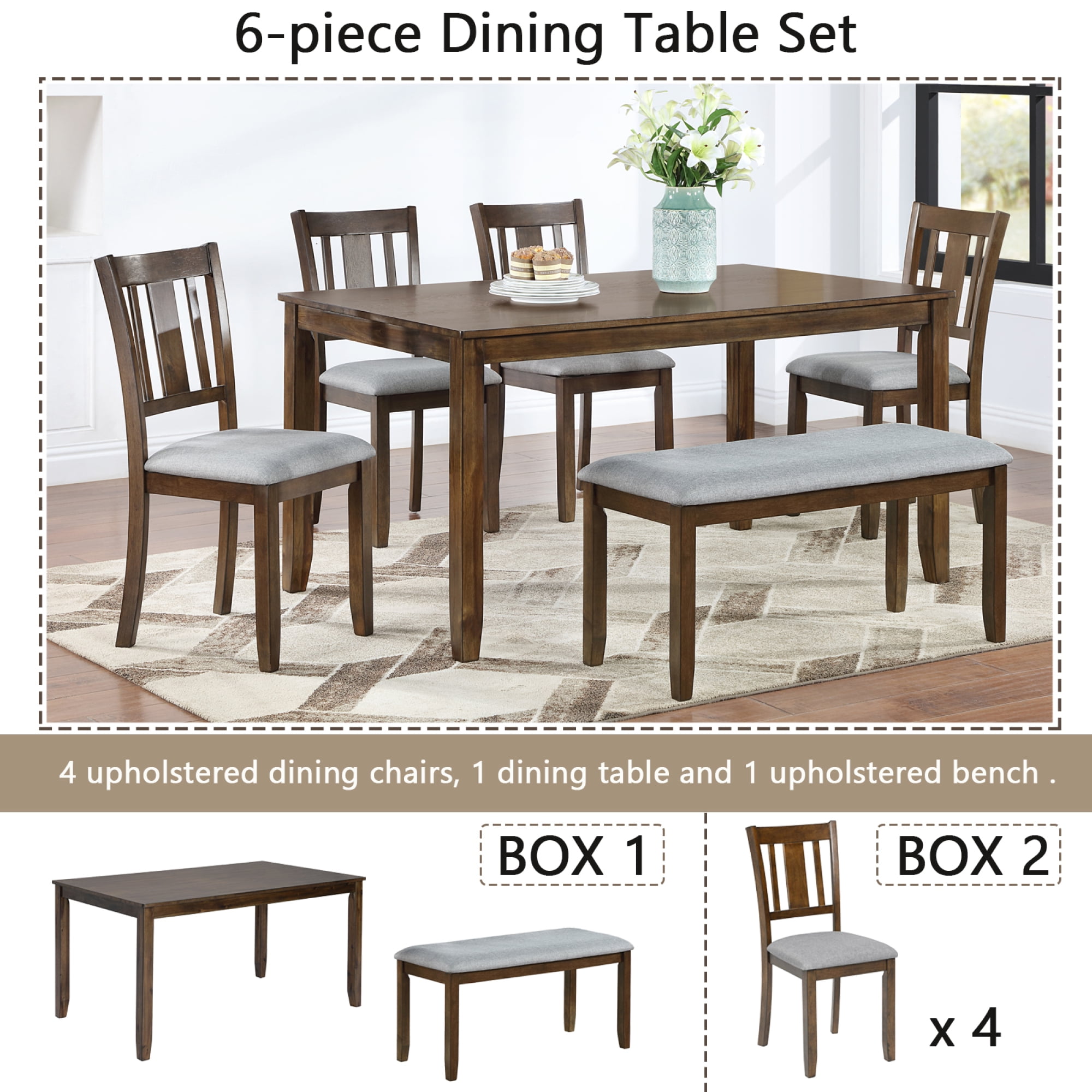 Leumius 6 Piece Kitchen Dining Set,Wood Rectangular Kitchen Table with 4 Upholstered Chairs and a Bench,Dining Table Set for 6 People,Kitchen Dining Table Set for Living Room, Home Bar and Kitchen
