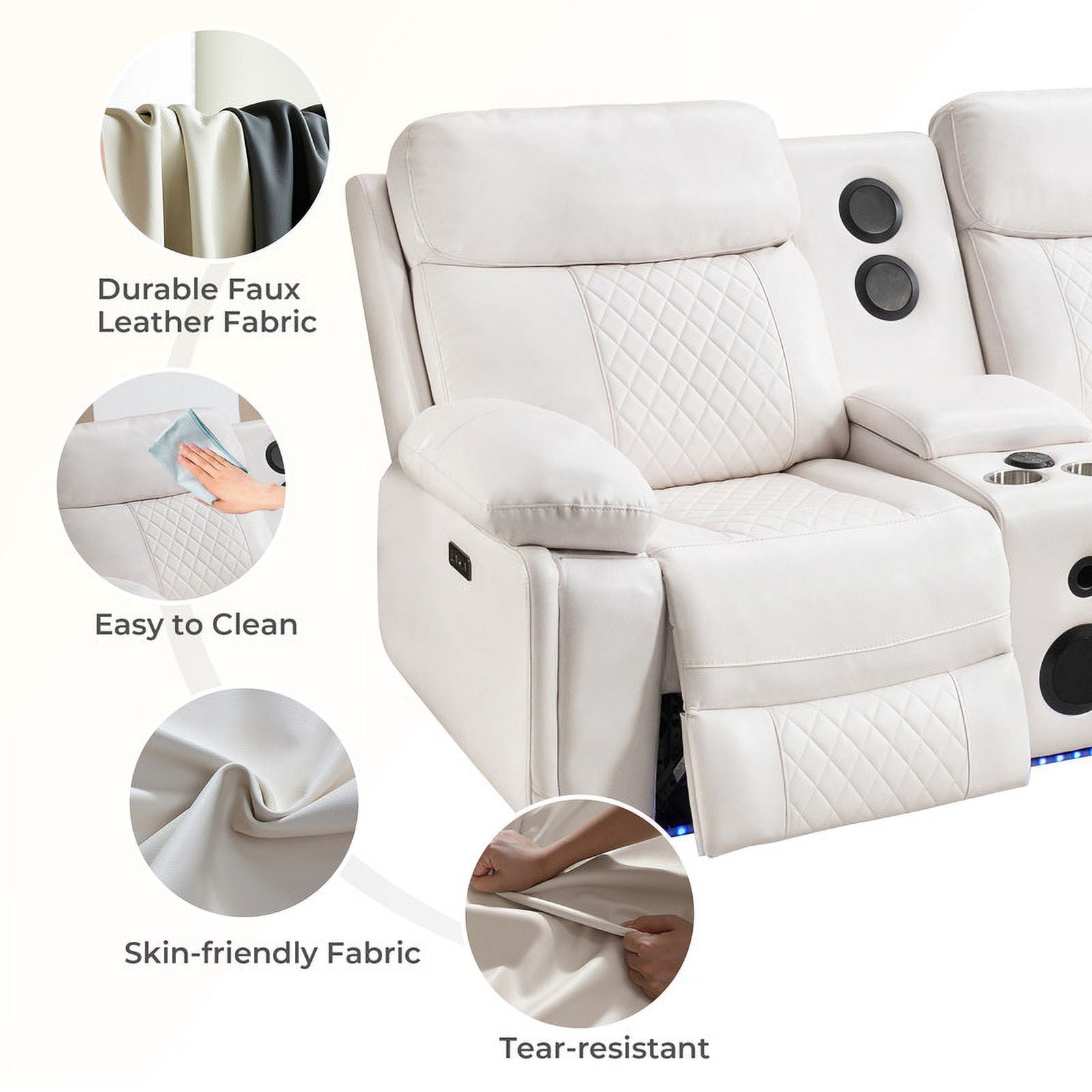 Comfort Stretch 5 Seats Power Recliner Sofa Sets with Speaker,White Faux Leather Reclining Sectional Couch for Living Room Furniture Sets with USB Port,Storage Console Cup Holders,LED Lights