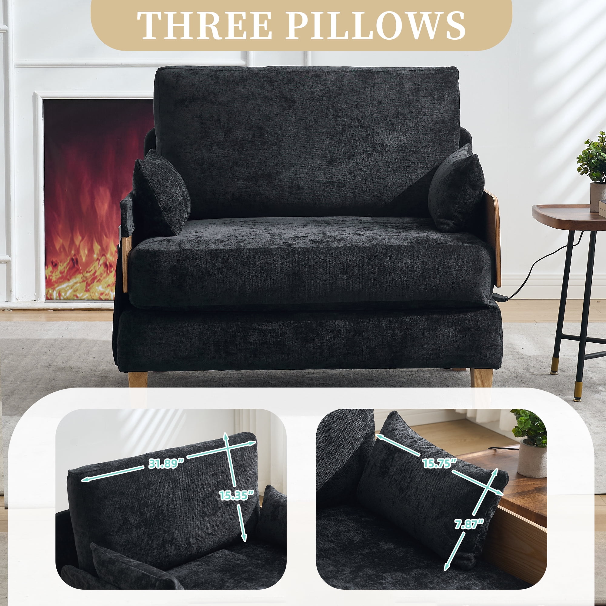 Leumius Foldable Sofa Bed,3-in-1 Convertible Sleeper Chair,Modern Foldable Sofa Chair With 3 Pillows for Small Spaces,Black