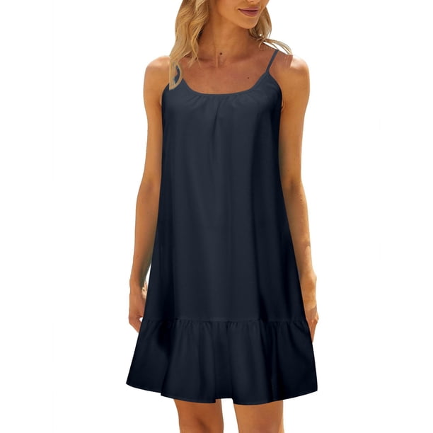 Mini vestido camisola sin mangas y sin espalda para mujer, para la playa, de poliéster, con volantes en el dobladillo, para cubrir el bikini, para llevar en vacaciones y en fiestas en la piscina.