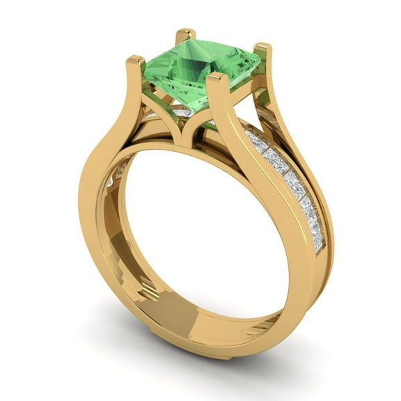2.28 ct Brilliant Princess Cut Green Zircon 18K Yellow Gold Solitaire with Accents Engagement Bridal Wedding Ring Band Set size 3.5