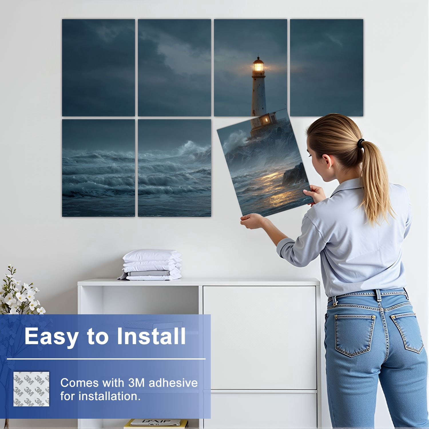 8 Pack Art Acoustic Panels Sound Absorbing Stormy Lighthouse Scene Mist Motion Blur Decorative Soundproof Wall Panels Self Adhesive for Nursery Game Room Bedroom 48"x32"