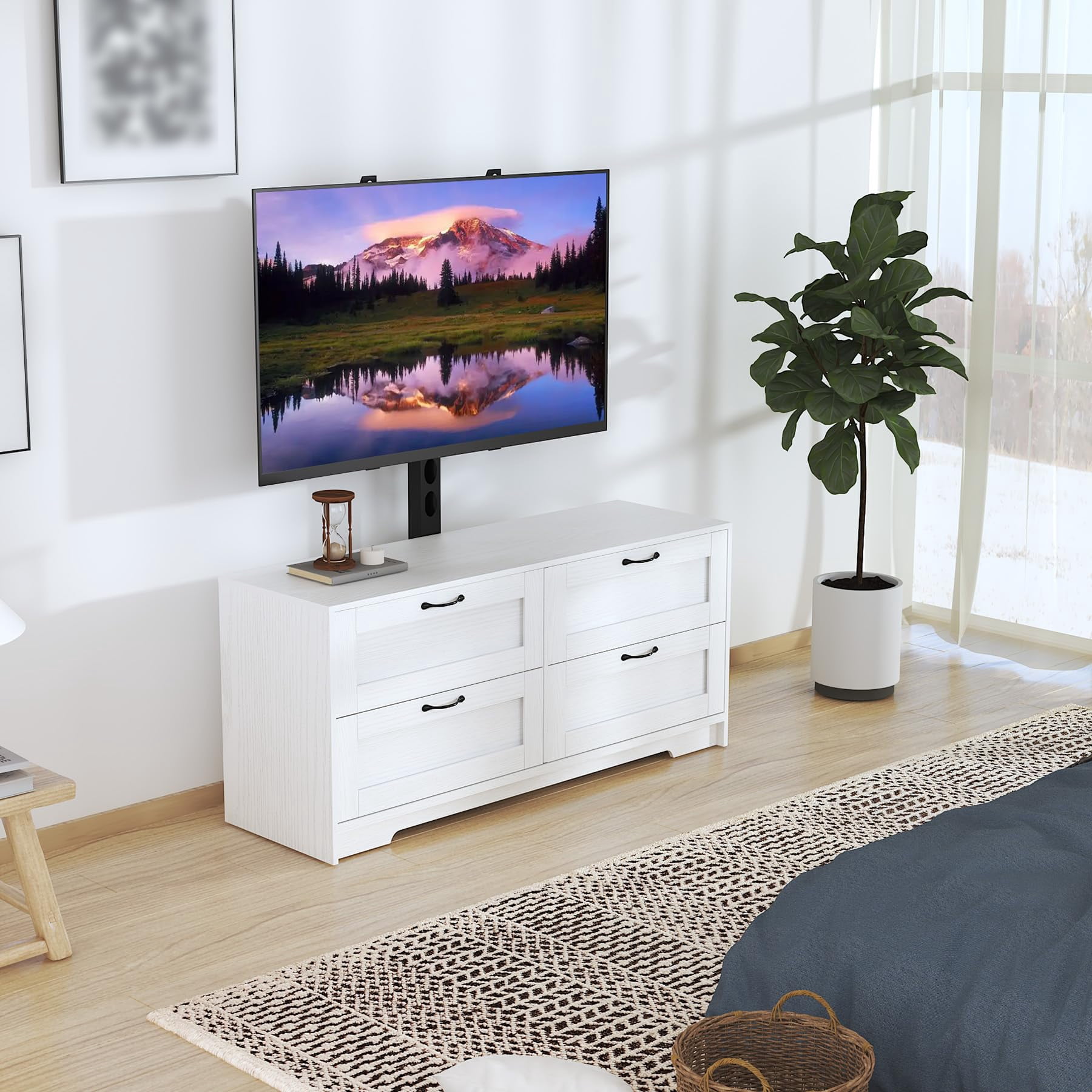 TV Stand with Mount & 4 Drawers, Wooden Entertainment Center for TVs Up to 80 Inch, Adjustable Media Console Table for Living Room Bedroom, White