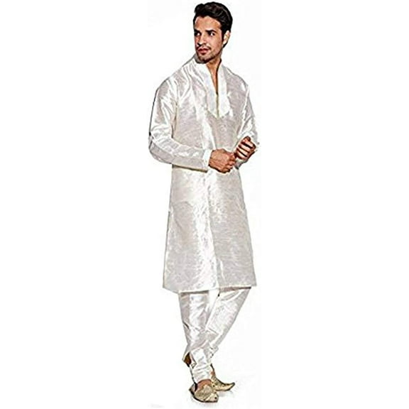 Royal Kurta Men's Silk Blend Hineck Kurta Churidaar Set Beige