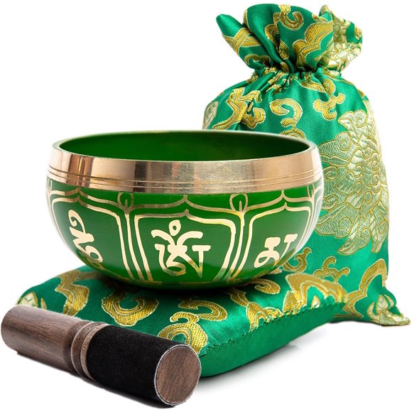 Tibetan Singing Bowl Set - Easy To Play Authentic Handcrafted Mindfulness Meditation Holistic Sound 7 Chakra Healing Gift by Himalayan Bazaar (Emerald)
