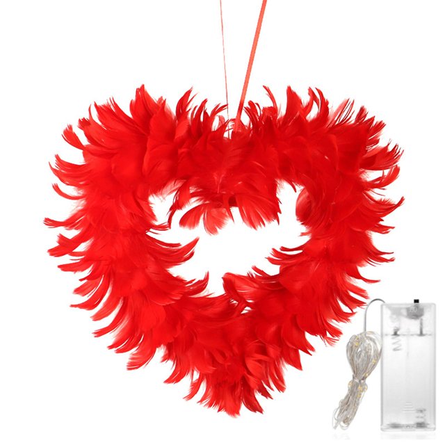 Guirnalda en forma de corazón con luz LED doble cara natural plumas guirnalda para la pared de la puerta de San Valentín decoración, B Feliz Sencillez