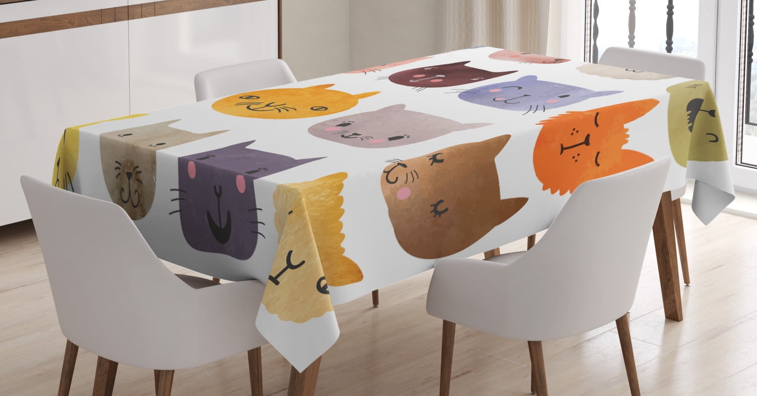 Cat Tablecloth, Cute Watercolor Effect Cat Heads in Colorful Humor Fun