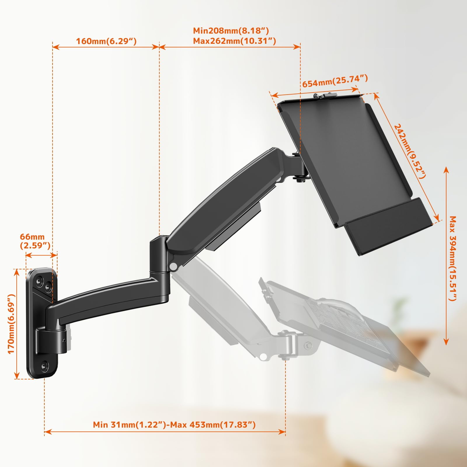 Keyboard Tray Wall Mount,Sit-Stand 26 Inch Keyboard and Mouse Stand, Black