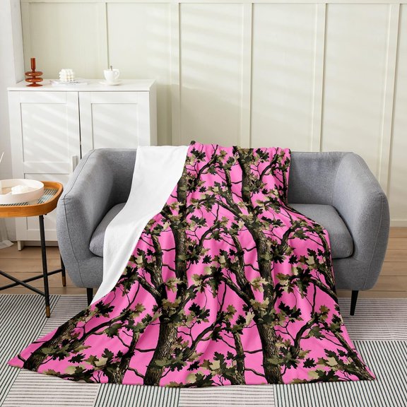 Pink Camouflage Blanket For Couch Sofa Soft Fuzzy Fleece Throw Blanket Tree Branch Pattern Bed Blanket