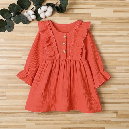 

Gotyou Girl s Toddler Solid Princess Dress Linen Button Ruffle Sleeve A-line Skirt Elastic Outfits Dresses