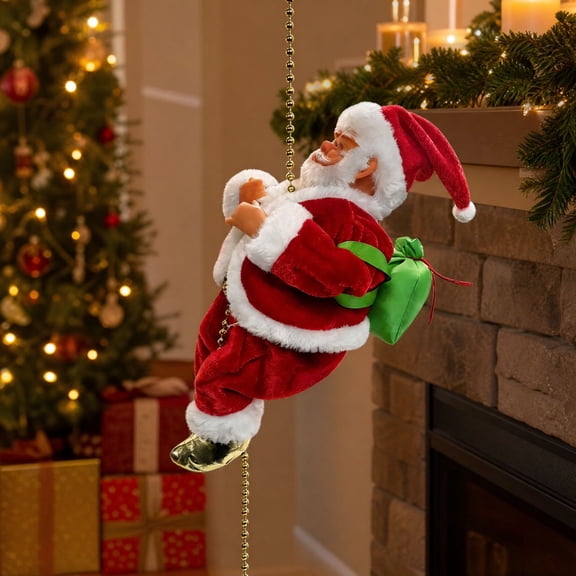 Christmas Hanging Decoration, Climbing Santa Claus on Rope with Music 3 Play Modes Christmas Decorations, Christmas Tree Hanging Decoration